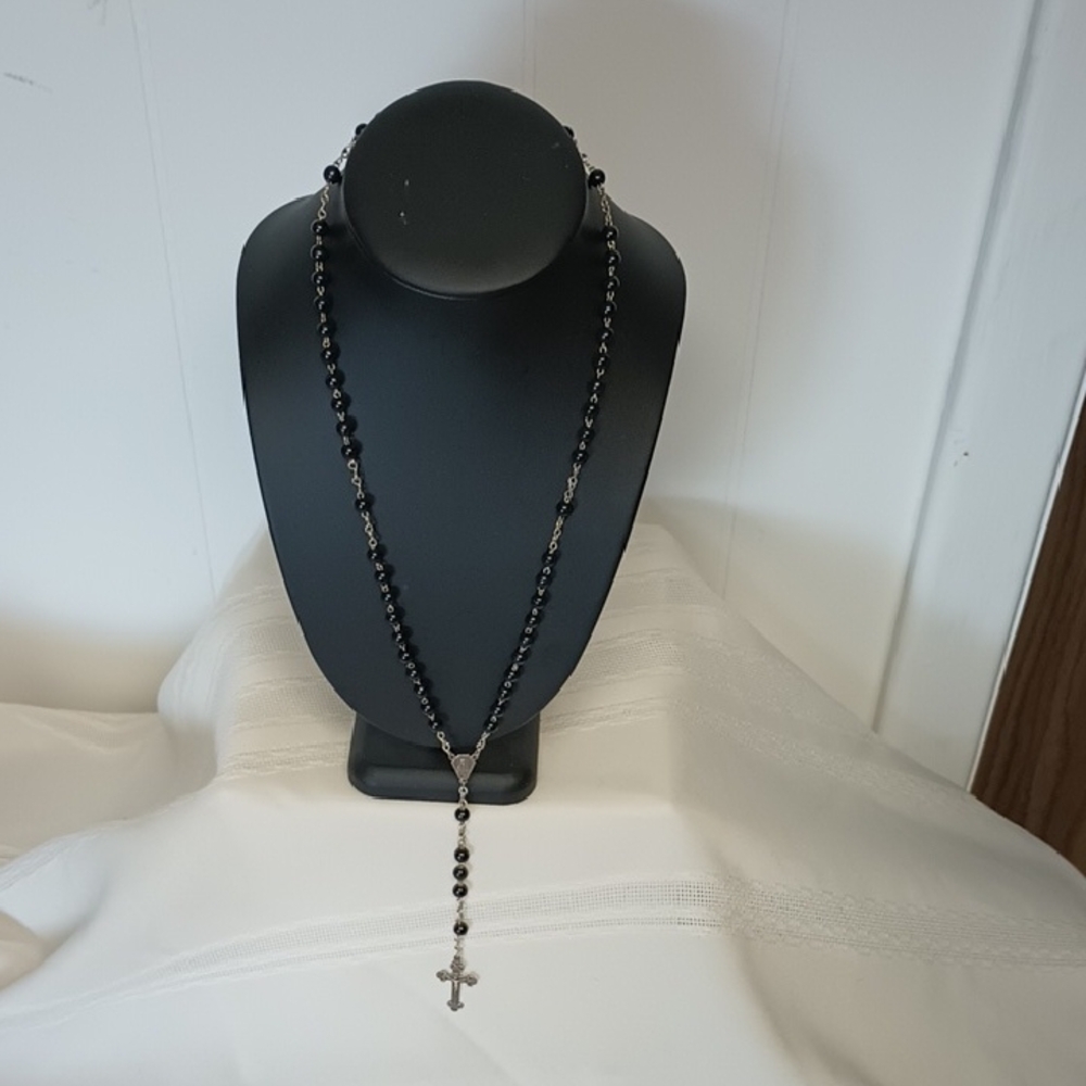 Black Beaded Rosary with Cross Pendant
